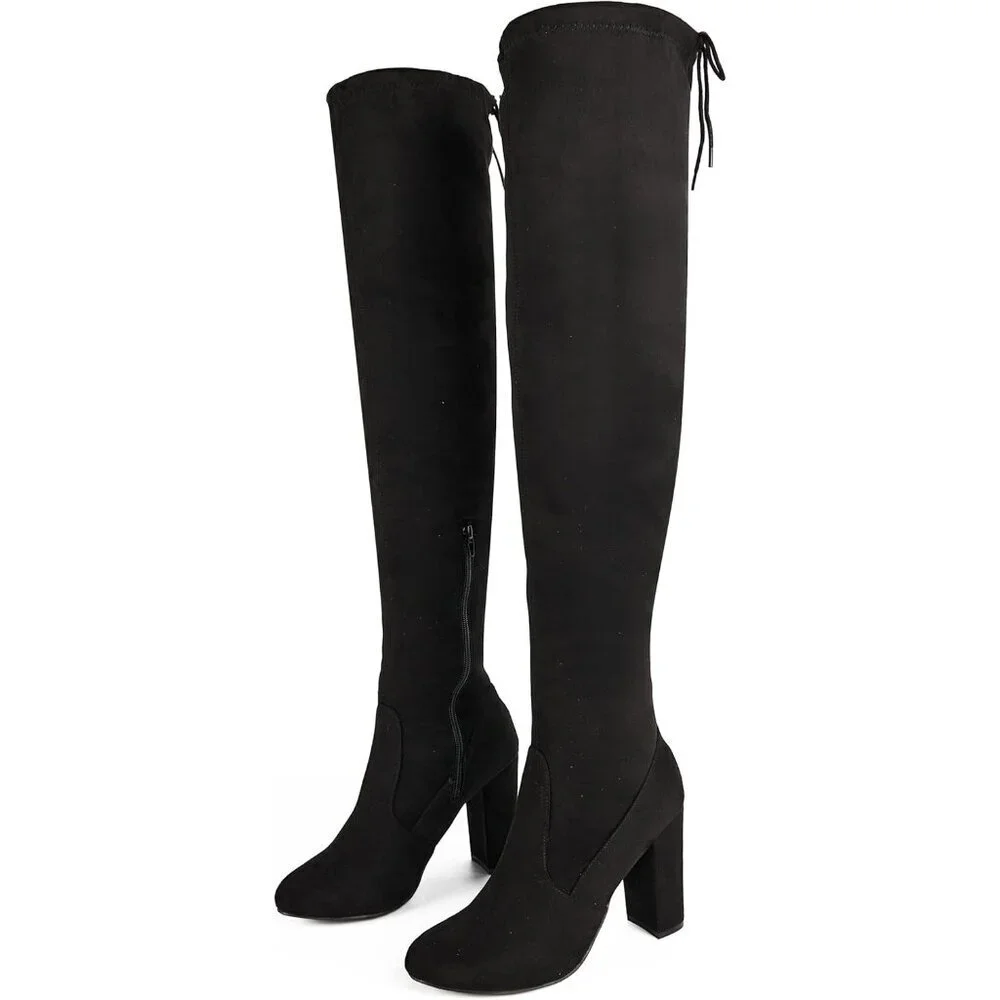 Women's Microfiber Thigh High Block Stiletto Heel Over The Knee Rounded Toe Boot